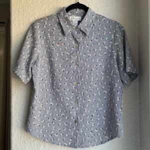 Womens Vintage S Floral Shirt Short Sleeve‎ Button Down Gingham Black White 90s